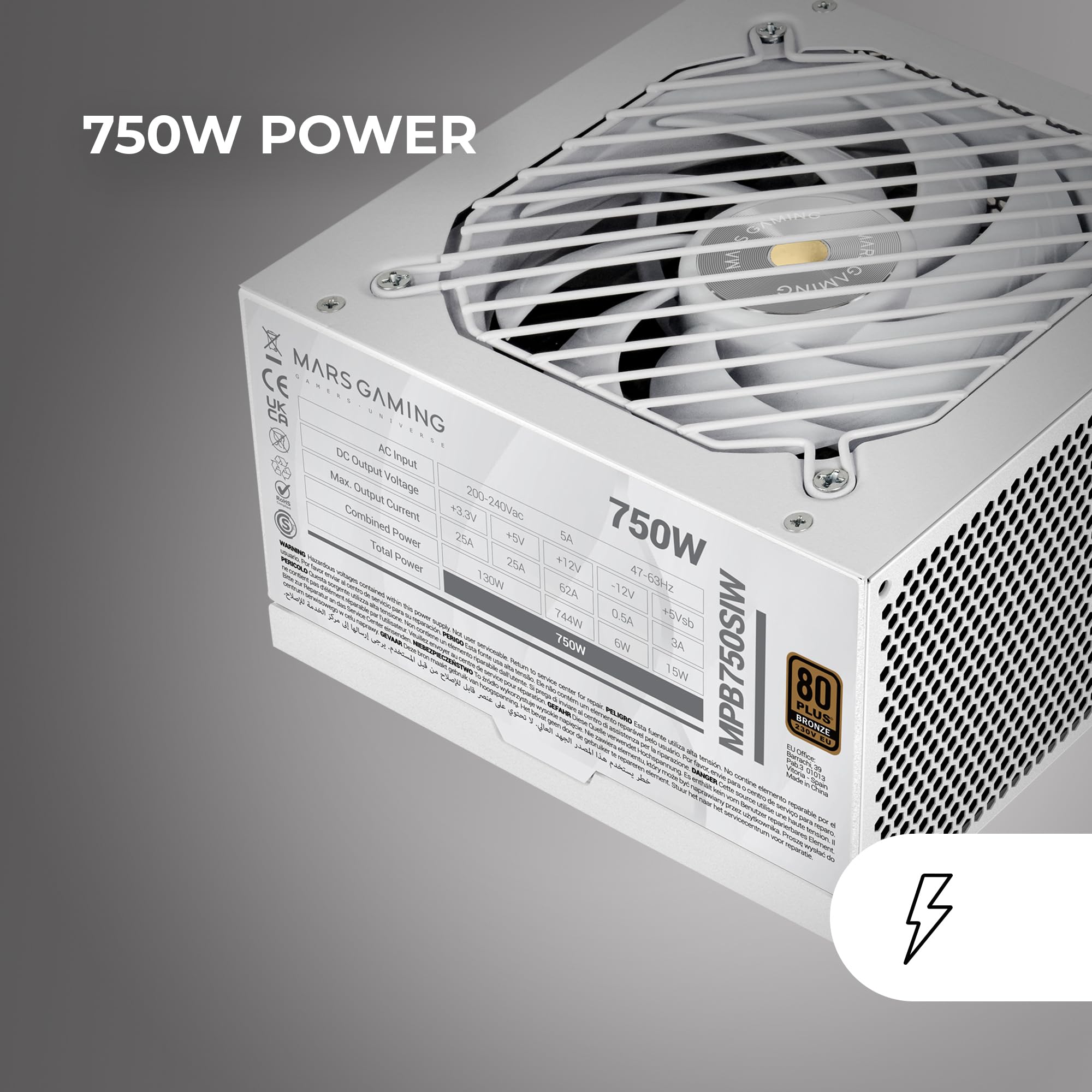 Mars Gaming MPB750SI, Alimentation PC ATX 750W, Garantie 7 Ans, 80Plus Bronze 230V, 90% d'Efficacité, Ventilateur SI Extreme Silence avec Noyau en Cuivre, Technologies AI2-RPM, DC-DC et SMD, Blanc