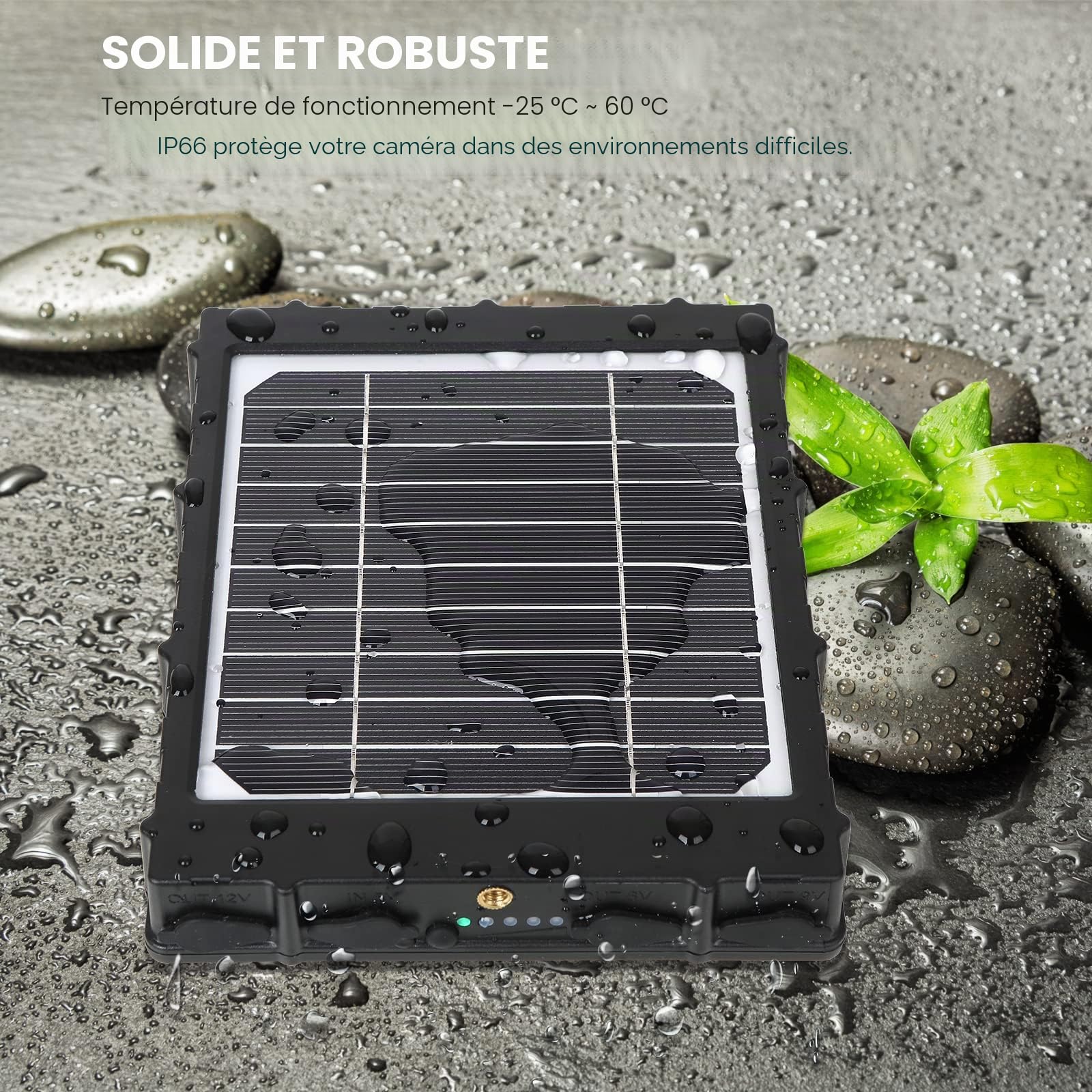 Capacité du Panneau Solaire Camera Exterieur 3W 8000mAh 12V/1.2A, 9V/1.6A, 6V/2.4A Sortie, 5V/2A Entrée, Étanche IP66 Alimentation Portable Rechargeable pour Caméras de Chasse en Extérieur