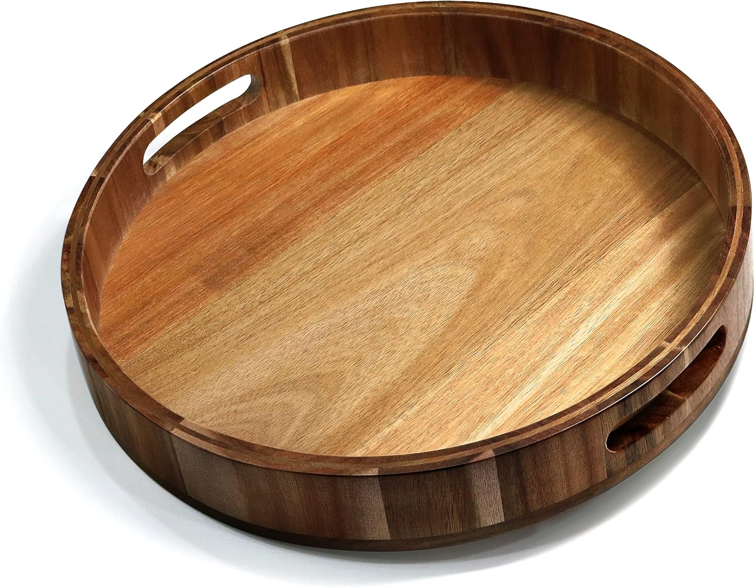 14" Wooden Tray, Natural Acacia Wood, Lazy Susan Rotating Mechanism Base Serving Tray Round, Carved Handles & Rimmed Edge Rustic Centerpiece Display