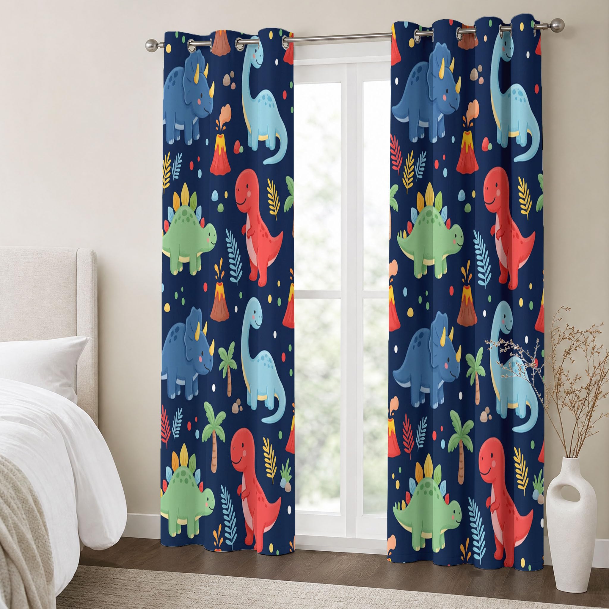 Étoile Volcanique Dinosaure Rideau - Dinosaure pour Enfants Rideau Occultant Thermiques, L140×H240Cm (2 Panneaux) Rideaux À Oeillets pour Decoration Chambre Salon, Draperies Intérieurs, Bleu Marine