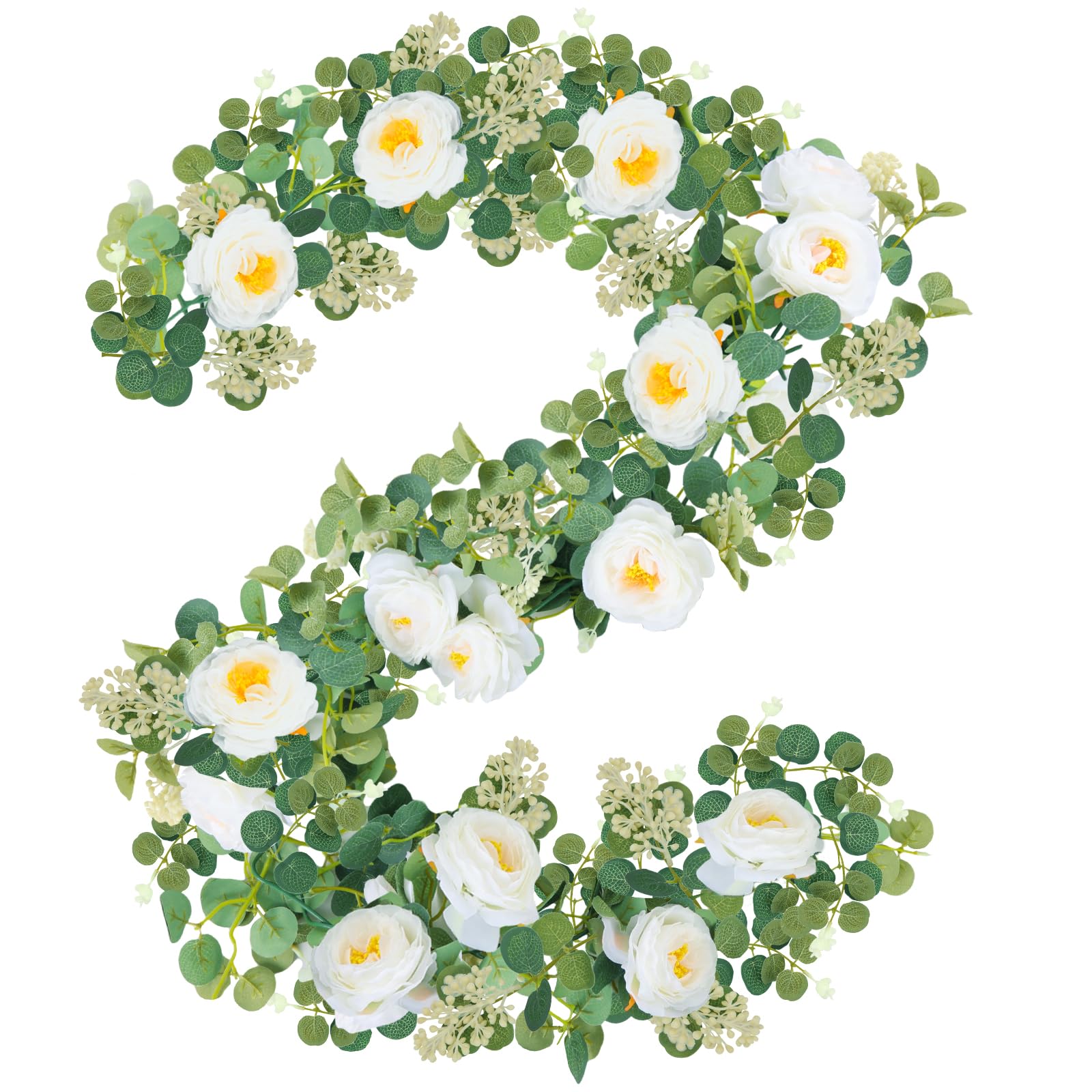 CEWOR2pcs 12ft White Flower Garland, Artificial Eucalyptus Garland with White Roses, Fake Floral Garland for Decoration Wedding Arch Table Runner Backdrop Decor