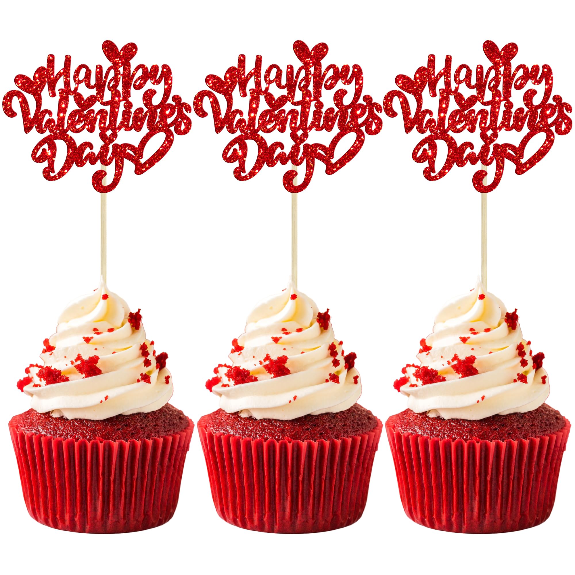 Ephlyn 24Pcs Happy Valentine's Day Cupcake Toppers Glitter Sweet Love Cupcake Food Picks Valentine Cupcake Topper for Happy Valentine's Day Birthday Party Cake Decorations Supplies Red