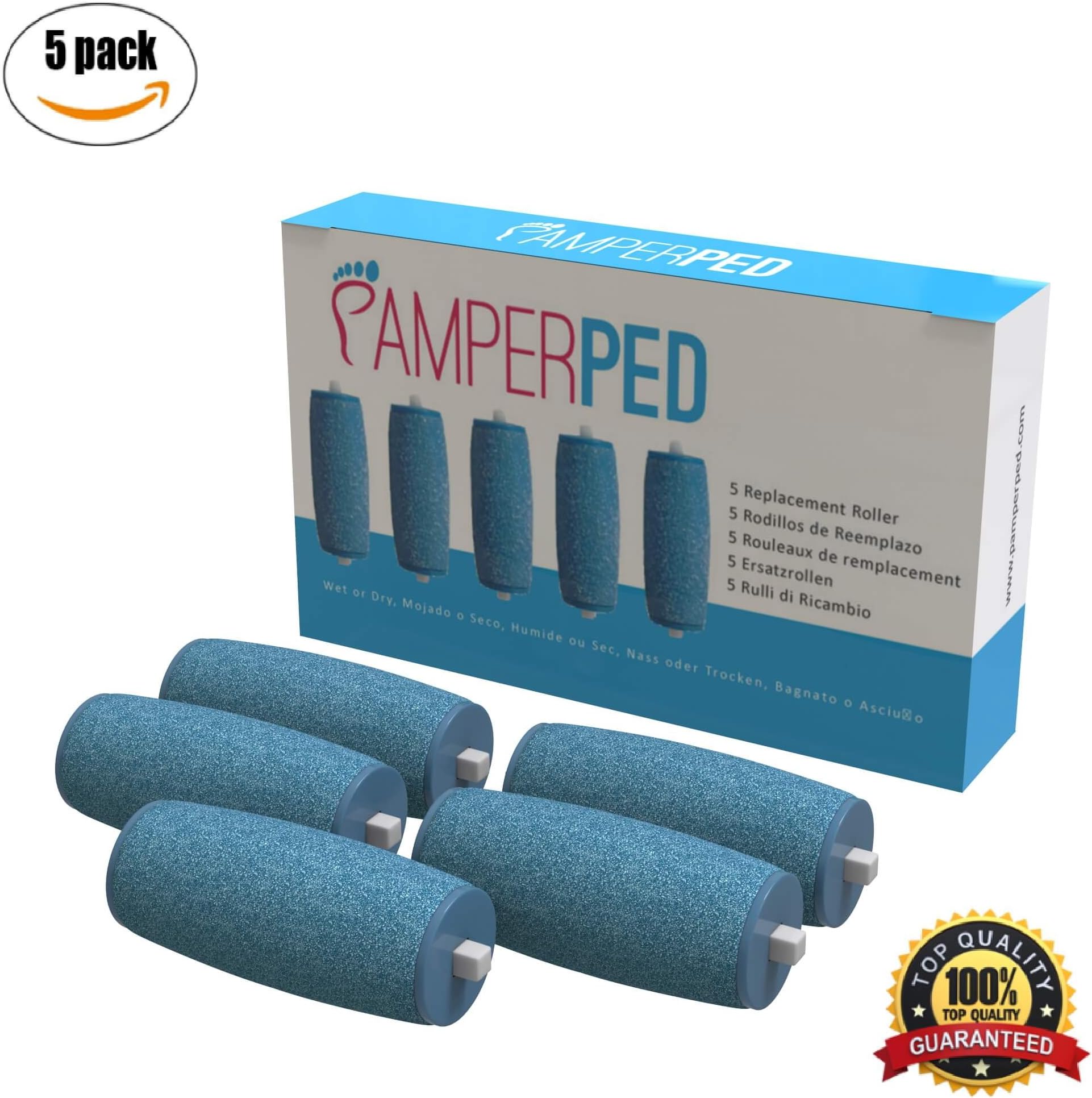 5 Wet/Dry Extra Coarse refill rollers by Pamperped for the electric rechargeable amope pedi perfect callus remover foot file pedicure tool kit set Professional spa like results wet or dry