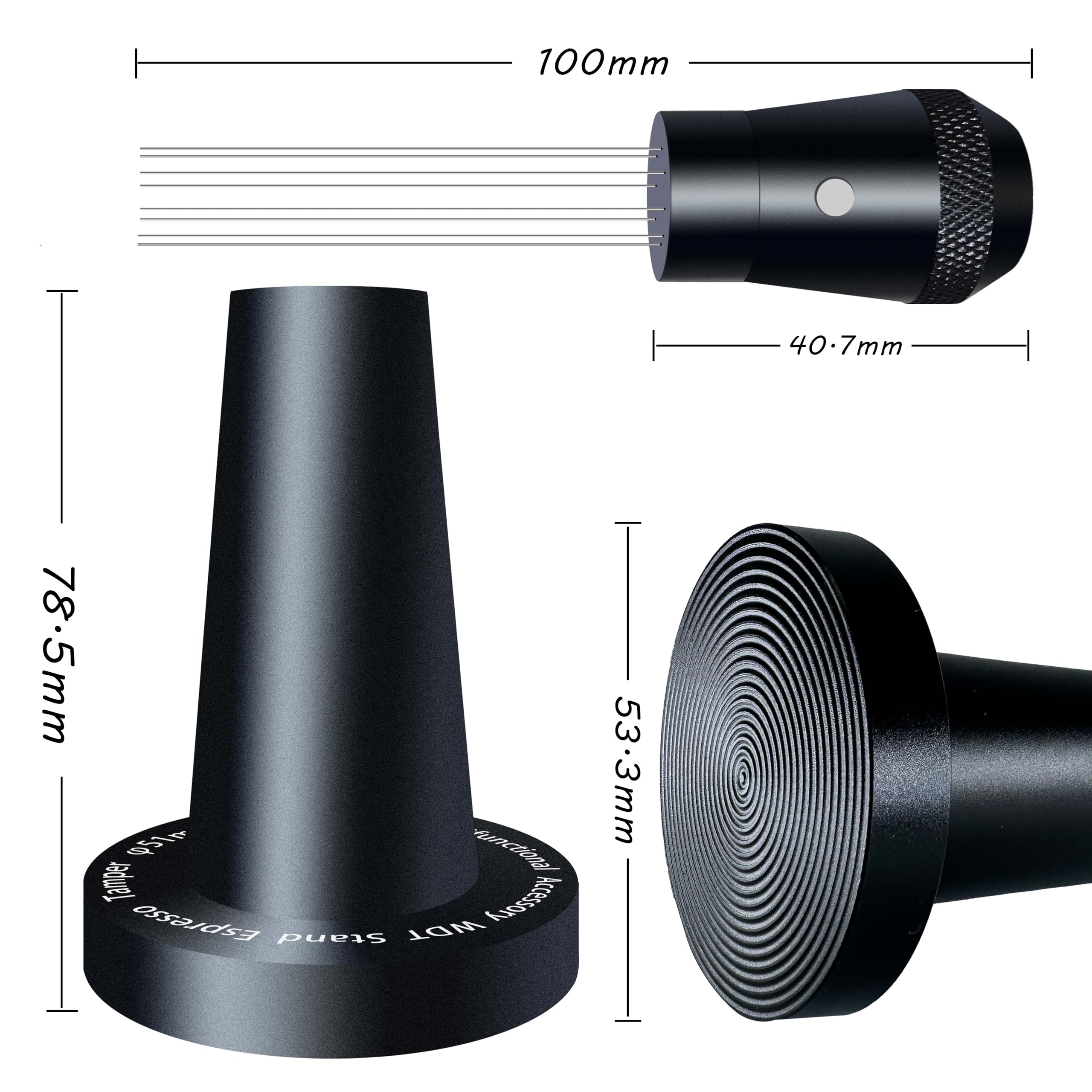 NEOUZA WDT Tool Per Caffè Espresso - Tamper E Distributore 2 In 1 Con 8 Aghi In Acciaio Inox 0,4 Mm (Nero, 53 Mm)