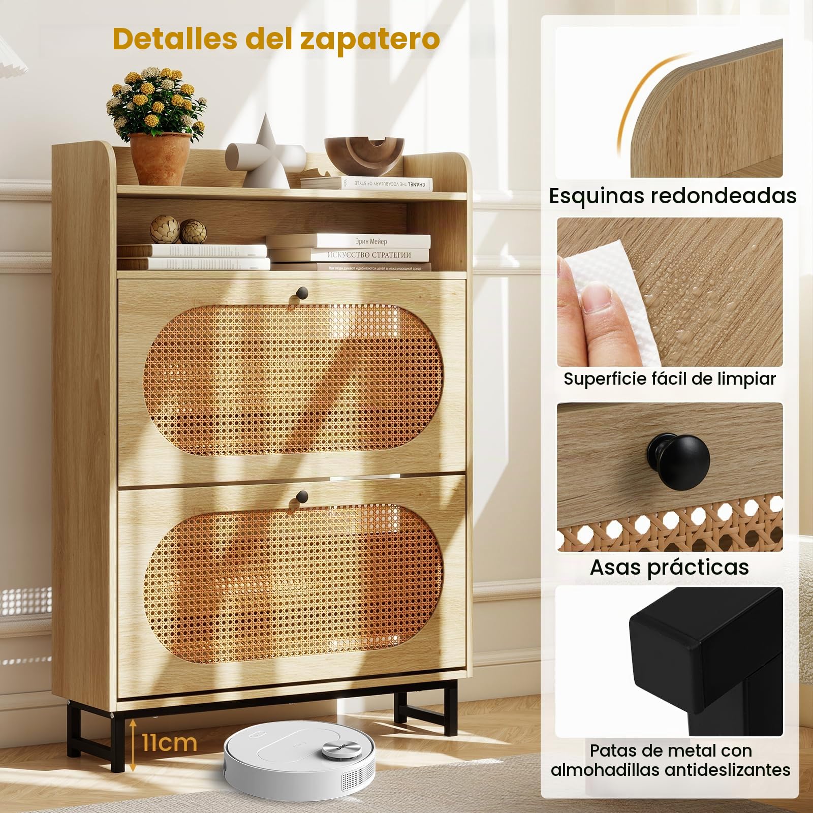 GIANTEX Zapatero de 4 Niveles con 2 Cajones Abatibles y 2 Estantes Abiertos, Cada Solpa con 2 Estantes, Puertas de Ratán, 80 x 24 x 115 cm, Armario de Zapatos para Entrada, Recibidor, Dormitorio