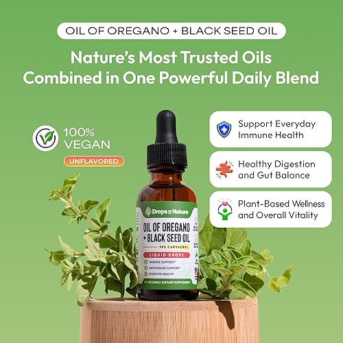 Miniatura 2 de Aceite de orégano con gotas líquidas de aceite de semilla negra - Orégano silvestre (90% Carvacrol) y aceite de semilla de grosella negra - Vegano,