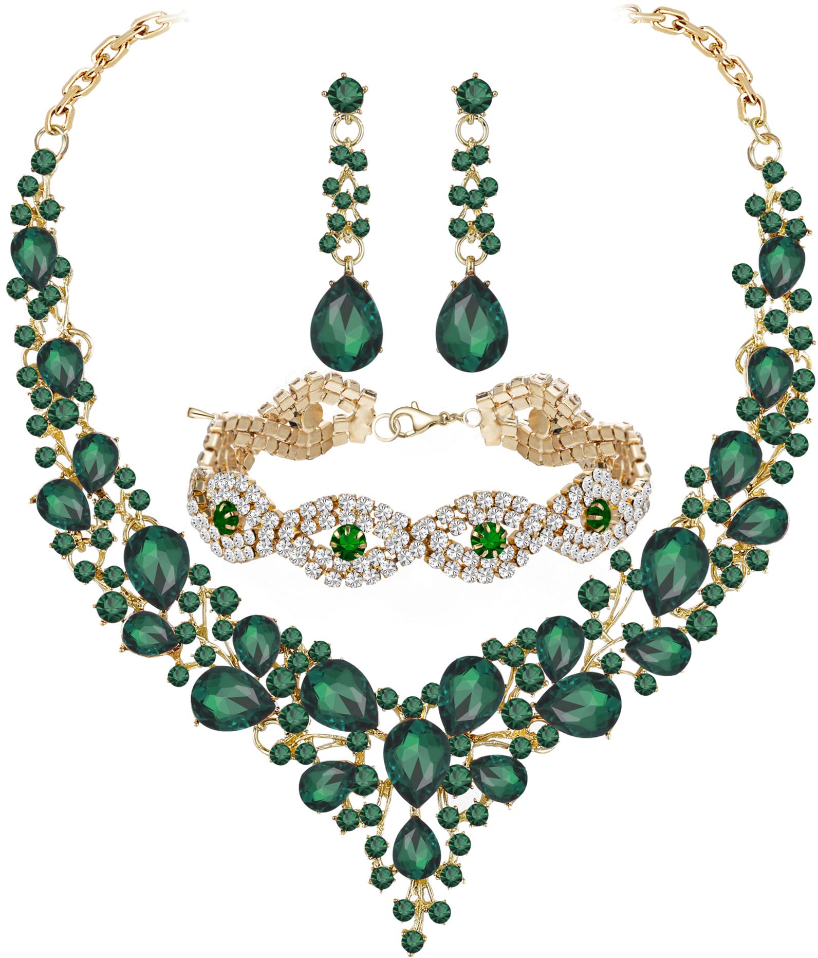 PaxuanSilver/Gold Plated Women Wedding Bridal Jewelry Set Prom Crystal Rhinestone Statement Choker Necklace Teardrop Earrings Link Bracelet Jewelry Sets for bride bridesmaid Wedding