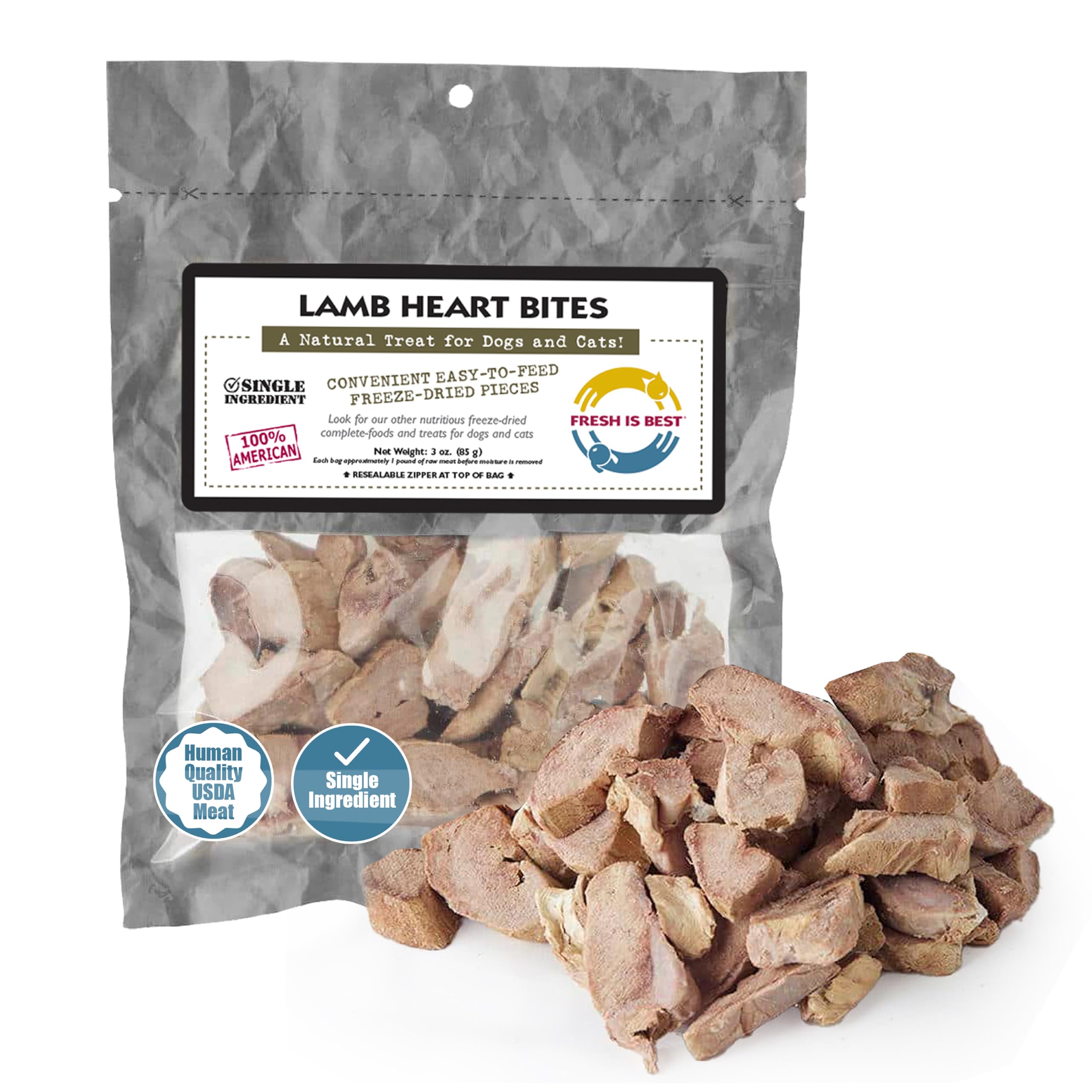 Fresh Is Best Freeze Dried Dog Treats – Raw Freeze Dried Treats for Dogs & Cats in Resealable Zipper Bag – High-Protein Single Ingredient Lamb Heart Bites – Made in The USA