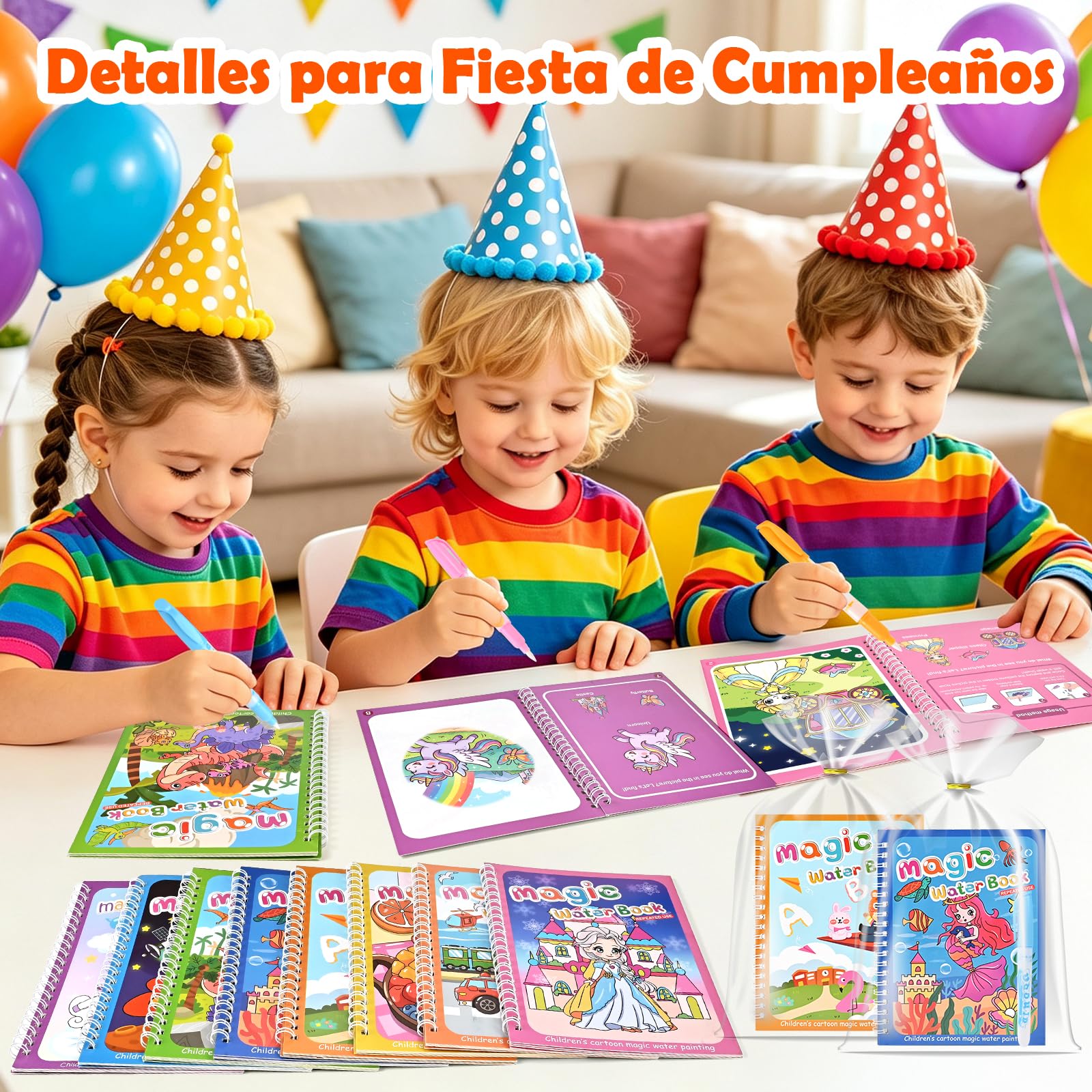 GOLDGE Libros Mágicos Agua 24 Pack, Regalos Cumpleaños Niños Colegio Reutilizable - Detalles Cumpleaños Niños con Bolsas Cumpleaños Infantil para Fiesta, Kit Manualidades Niños 3~9 Años, Party Favor