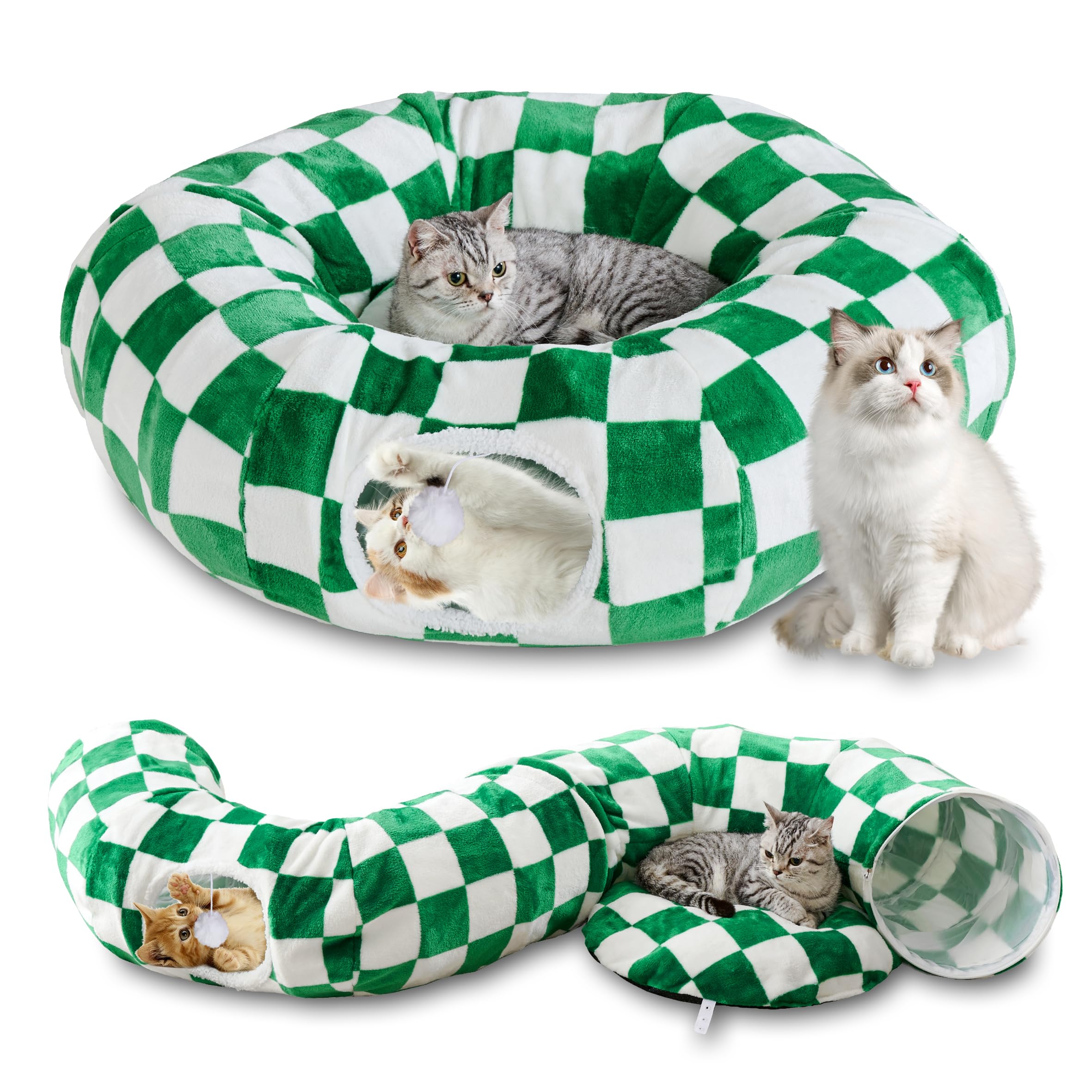 Yaning Cat Tunnel for Indoor Cats, Cute Peekaboo Cat Cave with Dangling Balls, Checkered Pet Donut Tunnel Bed with Circle Mat for Puppy Kitten Rabbit, Green/White