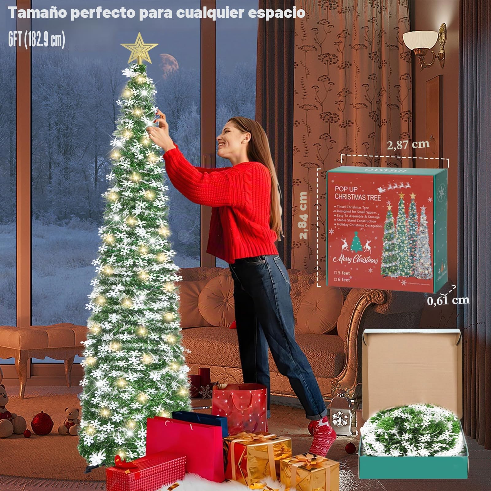 HMASYO Árbol de Navidad de oropel desplegable de 6 pies con 100 luces LED de temporizador y control remoto, árbol artificial plegable verde con adornos de copo de nieve, decoración de Navidad para el