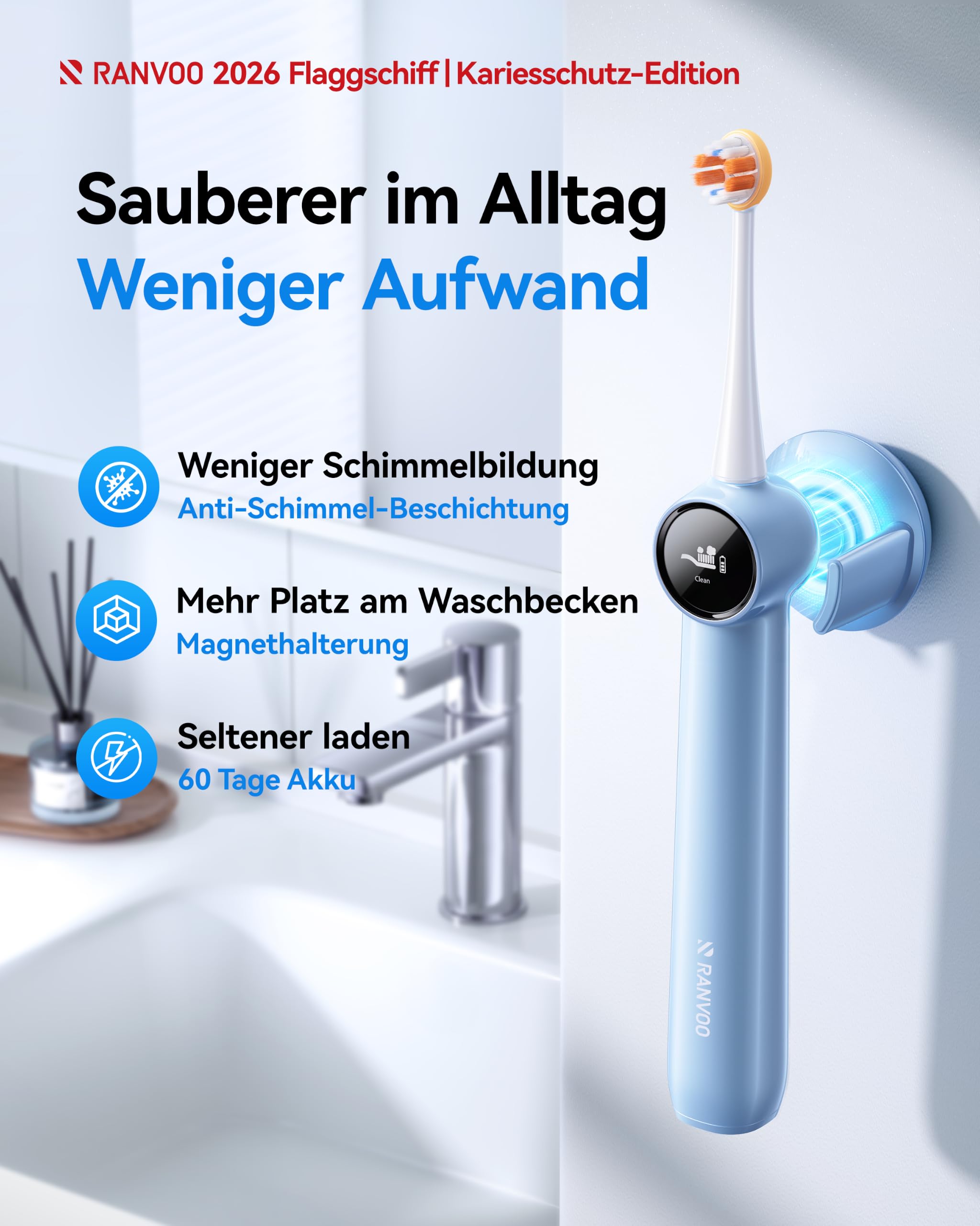 AirJet X3 Elektrische Zahnbürste Starke Reinigung, sichtbar weißere Zähne | Glow Edition 2026, 99,87 % Plaqueentfernung, täglicher Kariesschutz, 60-Tage-Akku, 2 Fluorid-Bürstenköpfe, Energetisches Blau