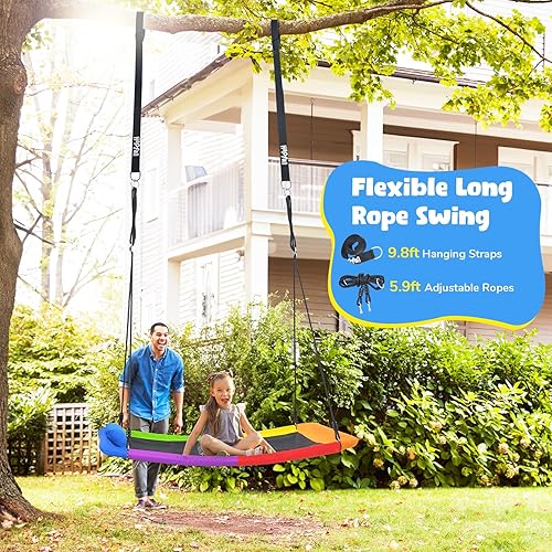 Miniatura 5 de Hapfan Columpio de árbol de plataforma Skycurve de 800 libras y 60 pulgadas para niños y adultos con almohada, columpio al aire libre para niños,