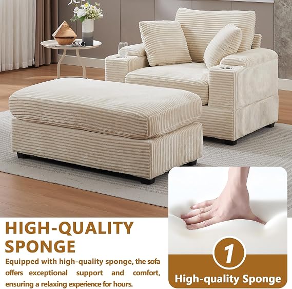 HRVEOCEI Chaise Lounge Chair Indoor, Corduroy Lounge Chair for Bedroom with Storage and 2 Comfy Pillows, Moveable Ottomans, Cup Holder Wide Arms High-Density Foam (Beige 1)