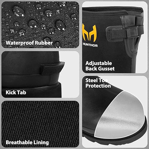 Vista 5 de Botas de trabajo de goma, botas de goma con punta de acero para hombres, botas de caza de goma impermeables de neopreno de 0.236 in para Negro