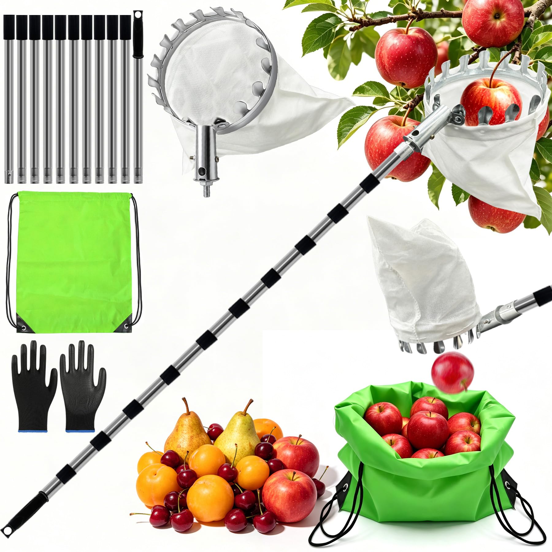 TZEKING Recogedor de Frutas Telescópico 4,2m, Recoge Frutas en Acero Inoxidable con Bolsa de Algodón y Mochila Recolectora, Ajustable para Manzanas, Peras, Naranjas, Cerezas, Diámetro 16 cm