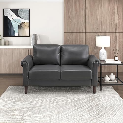 Miniatura 5 de Lexicon Sofá biplaza de 57 pulgadas de ancho, sofá de dos plazas tapizado de piel sintética, sofá biplaza con reposabrazos enrollados para