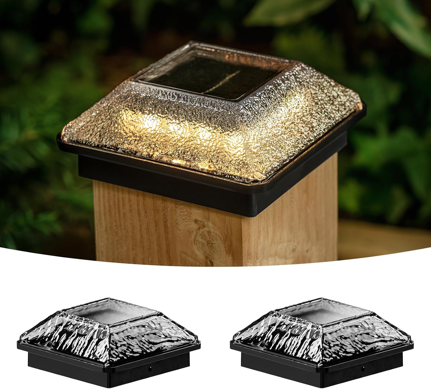 Glass Solar Post Cap Lights with Frosted Style - Decorative Deck Fence Lights for 4x4 5x5 Posts Hidden Solar Panel, Modular Design, 10Hr Runtime, IP65, Warm White, Black, 2 Pack