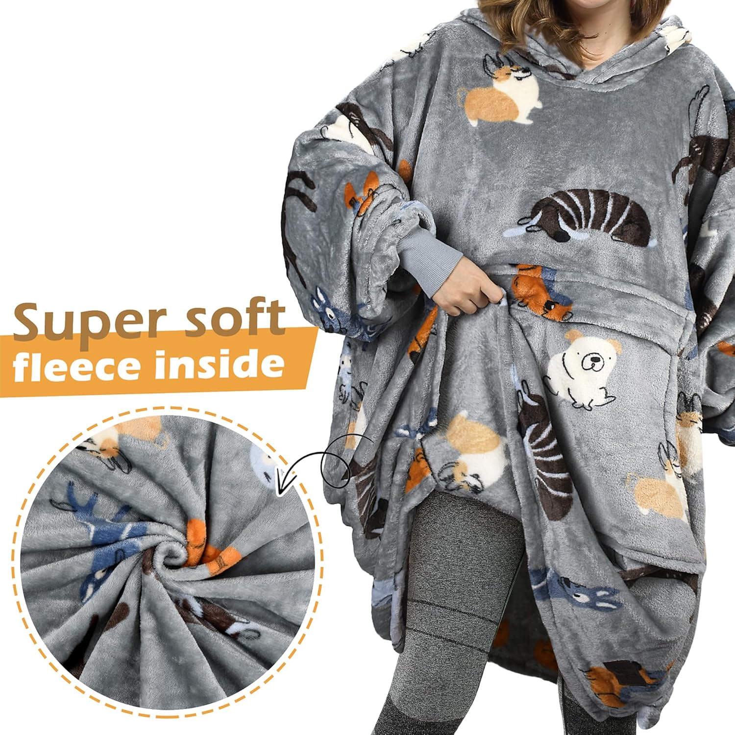 Catalonia Dog Print Oversized Blanket Hoodie Sweatshirt, Wearable Fleece Pullover for Adults Men Women - Image 3