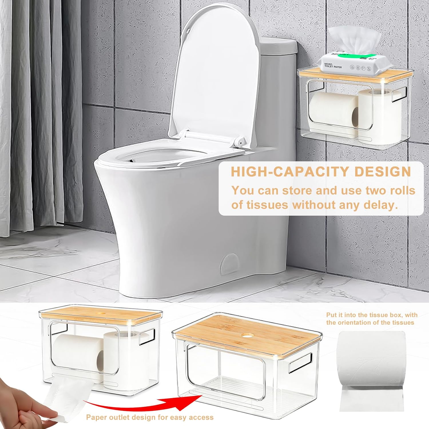 Toilet Paper Storage Holder with Bamboo Lid & Shelf, DIY Wall Mount (Hardware Not Included) or Fit Under Sink, Tissue Dispenser for Bathroom, Restroom, Kitchen and More, Home Organizer and Decor