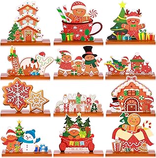 Marsui 12 Pcs Christmas Gingerbread Table Decorations Wooden Christmas Tabletop Centerpieces Duplex Printing Gingerbread Man House Snowflake Centerpieces for Holiday Xmas Dinner Party Decor, 12 Style