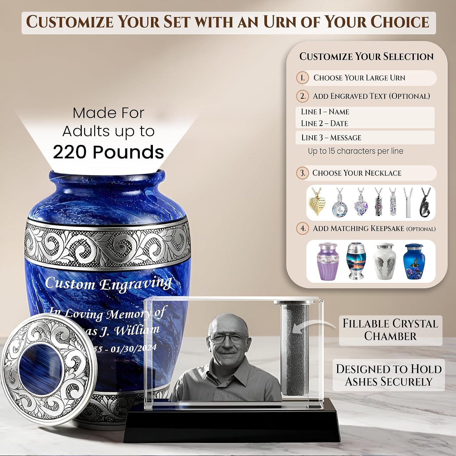 More Than an Urn – A Family Tribute Set of Custom 3D Crystal Photo Urn & Your Choice of Personalized Adult Cremation Urn For Human Ashes | Personalize The Set That Reflects Who They Truly Were -Medium