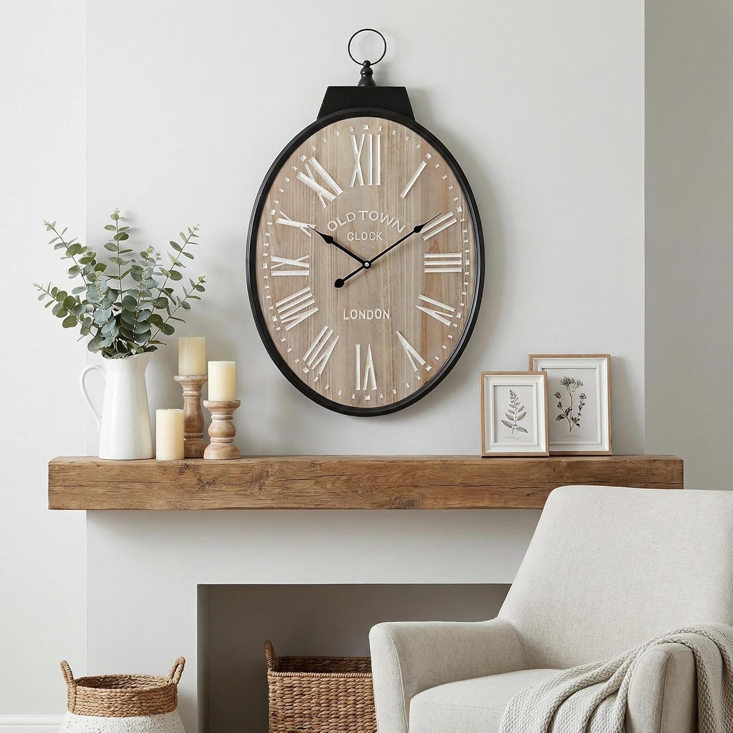 Large Oval Wall Clock 25 Inch, Rustic Farmhouse Wooden Decorative Clock with Black Metal Frame & 3D Roman Numerals, Vintage Old Town London Design for Living Room, Kitchen, and Bedroom Decor