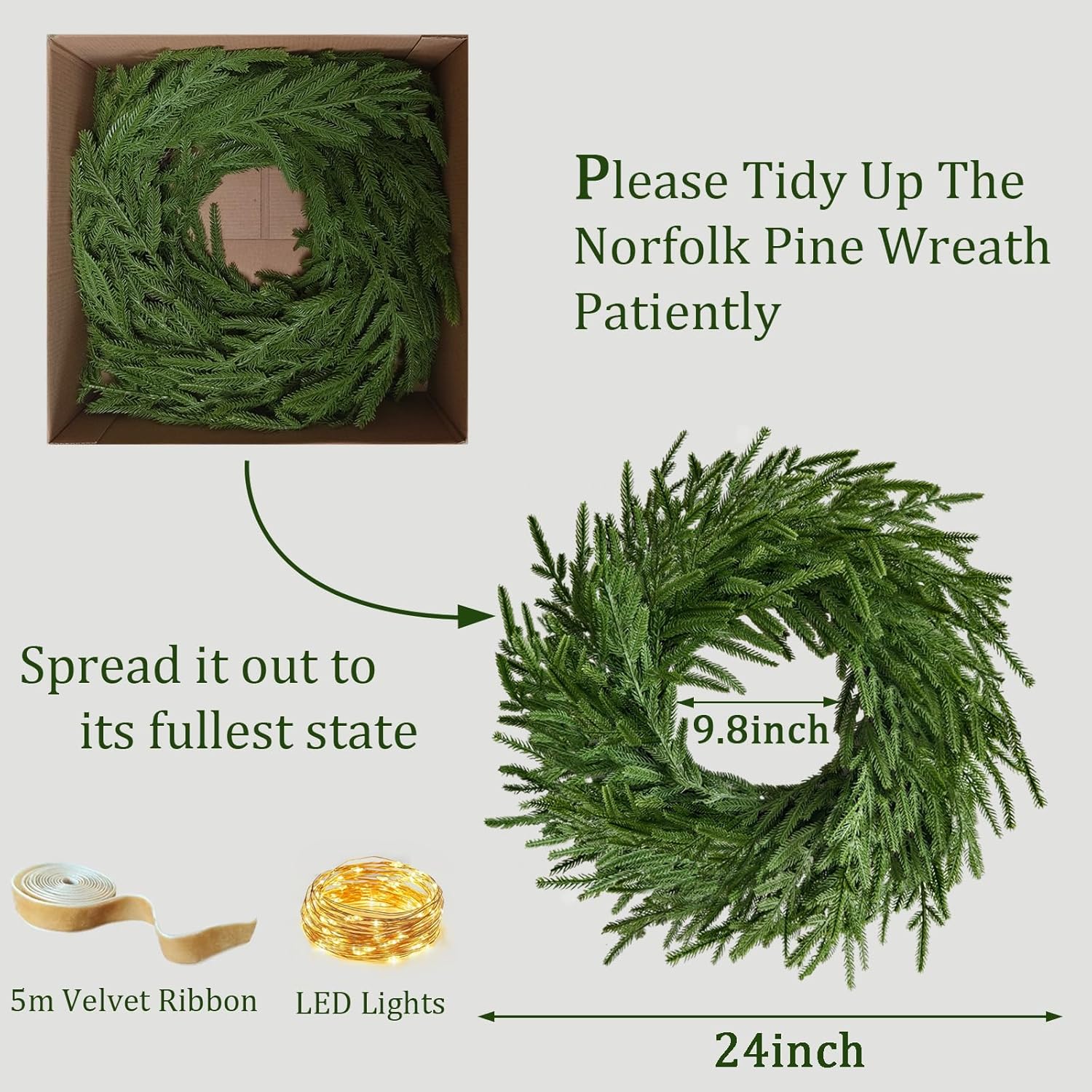 24 Inch Real Touch 2 Pcs Norfolk Pine Wreath Christmas Decorations for Front Door, Artificial Plants Green Christmas Wreath with Lights Home Decor, Xmas Decor for Mantel Wall Holiday Winter Decor