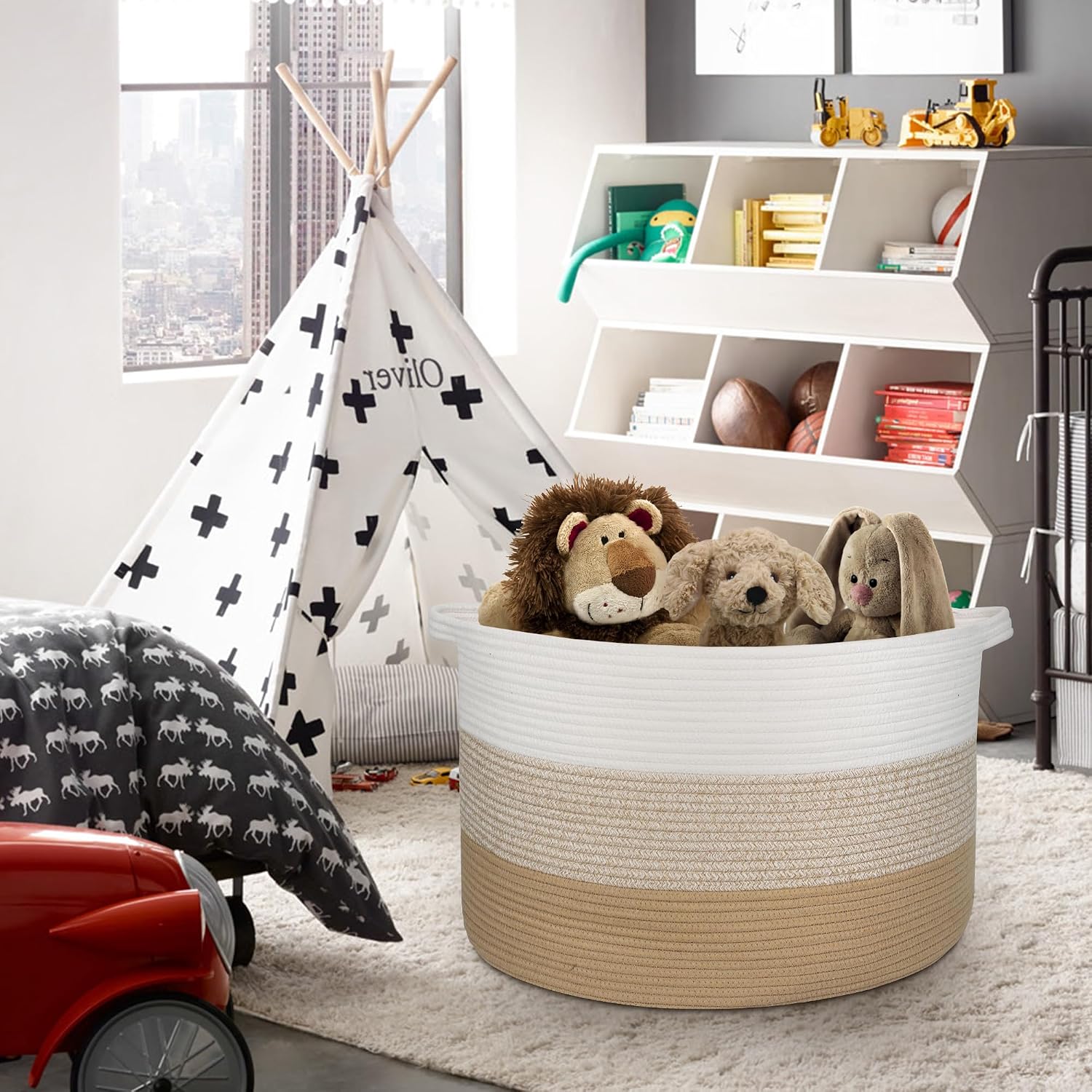 MEGASKET Extra Large Storage Basket, 22” X 22” X 14” Blanket Basket Living Room, Kids Toy Box Organizer, Woven Cotton Rope Baskets for Storage, Soft Dog Toy Bin, Wicker Pillow Blanket Holder image 4