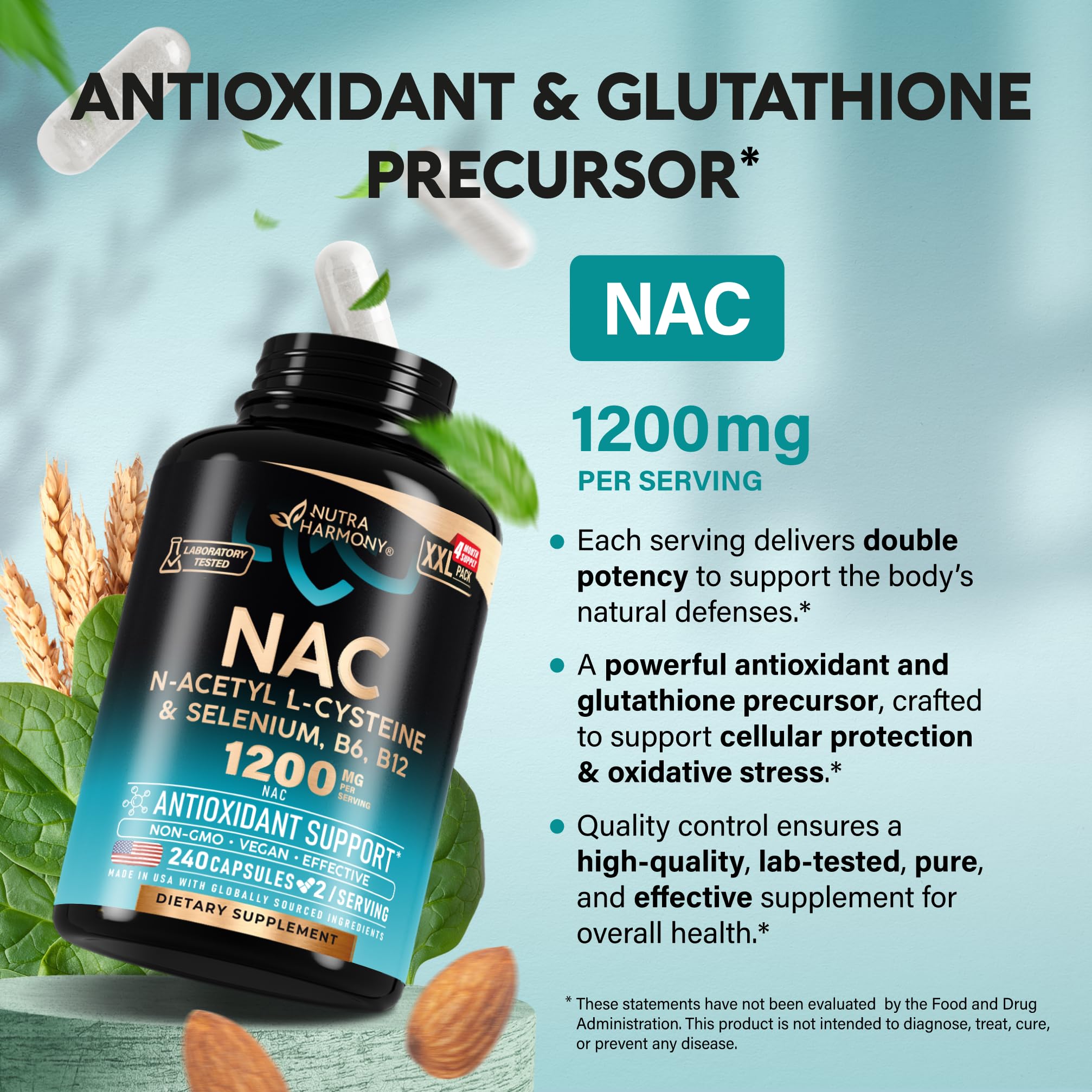 n acetylcysteine glutathione precursor NAC Supplement | Selenium | B6 | B12 - Antioxidant, Immune Support - Acetyl Cysteine 600 mg per Capsule, 1200 mg per Serving - Lab Tested n acetylcysteine precursor to glutathione