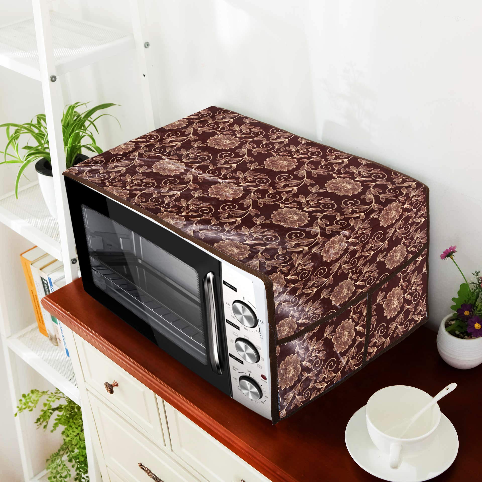 E-Retailer® PVC Waterproof Microwave-Oven Top Cover with 4 Utility Pockets (Brown-Gold)