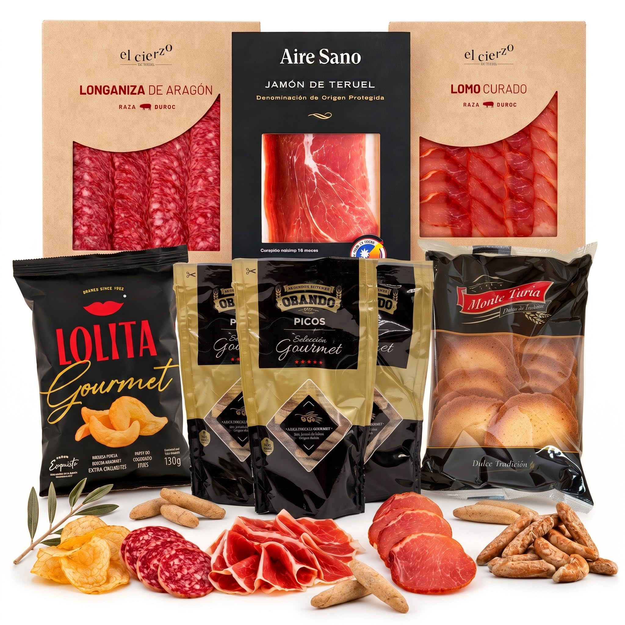 MARIA GOURMET - Panier Gourmand a Offrir Coffret Gourmand Charcuterie Espagnole Gourmet – Jambon de Teruel AOP - Lomo Duroc - Saucisson Longaniza d’Aragon - Tuiles à la noix de coco et chips - Box1