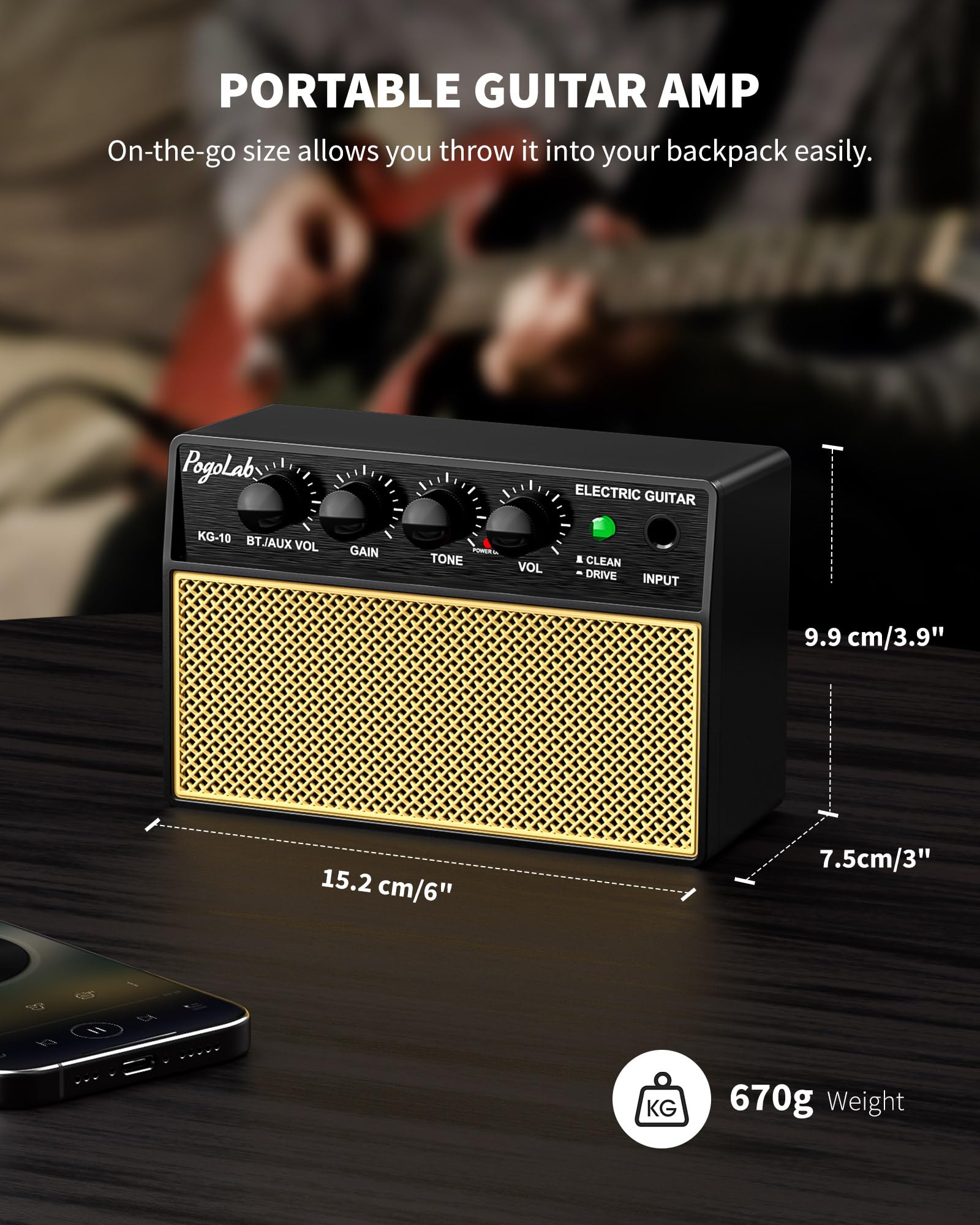 POGOLAB Mini Amplificatore Chitarra 5W, Amplificatore Chitarra Elettrica Portatile Bluetooth con 2 Canali, Amplificatore per Basso Ricaricabile per Esercizi, Mini Amplificatore Esercizi