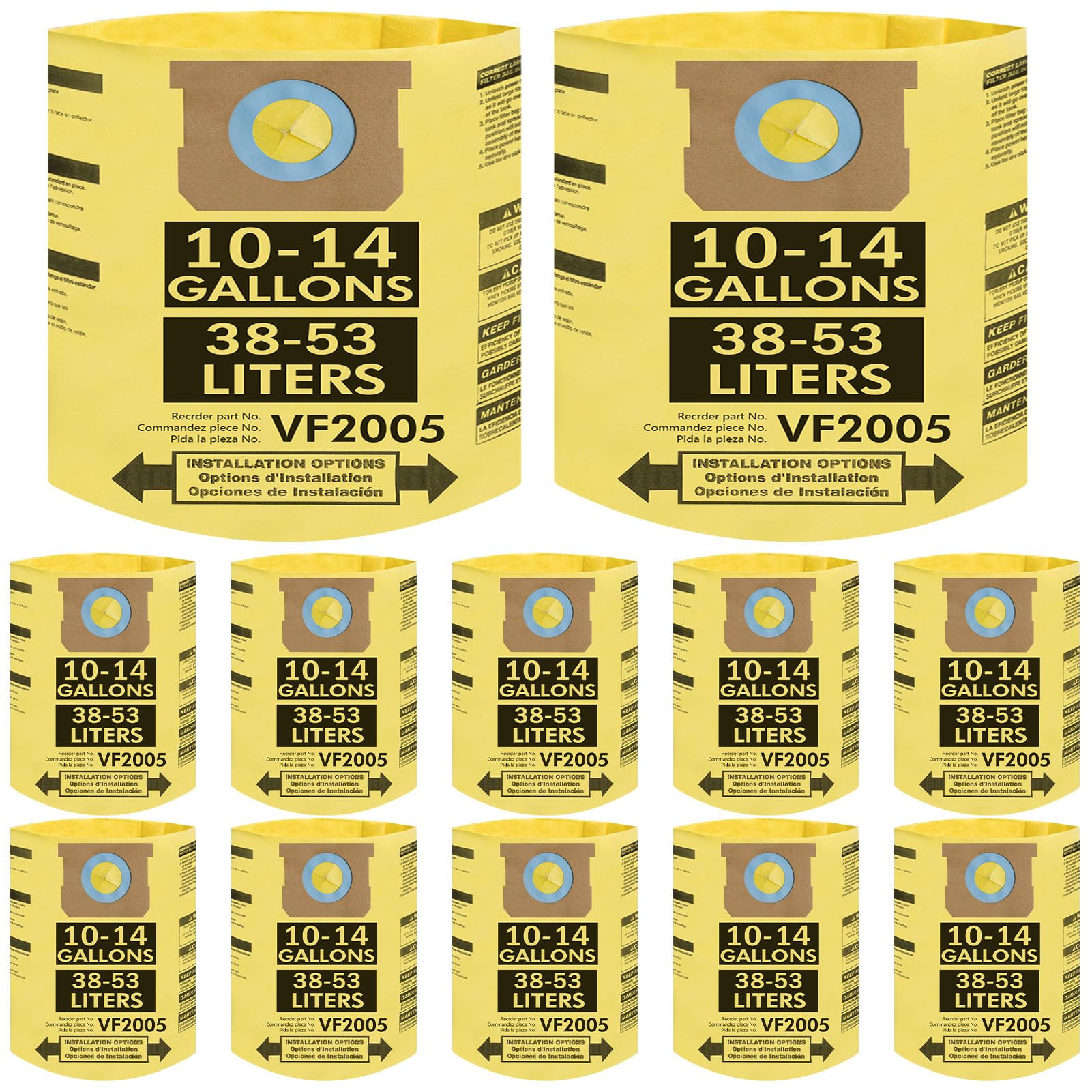 12 Pack Vacuum Bags Compatible with Shop Vac 10-14 Gallon Bags,Type F 90662 9066200 9066233 & Type I 90672 9067200 9067233 VF2005 Disposable Fine Dust