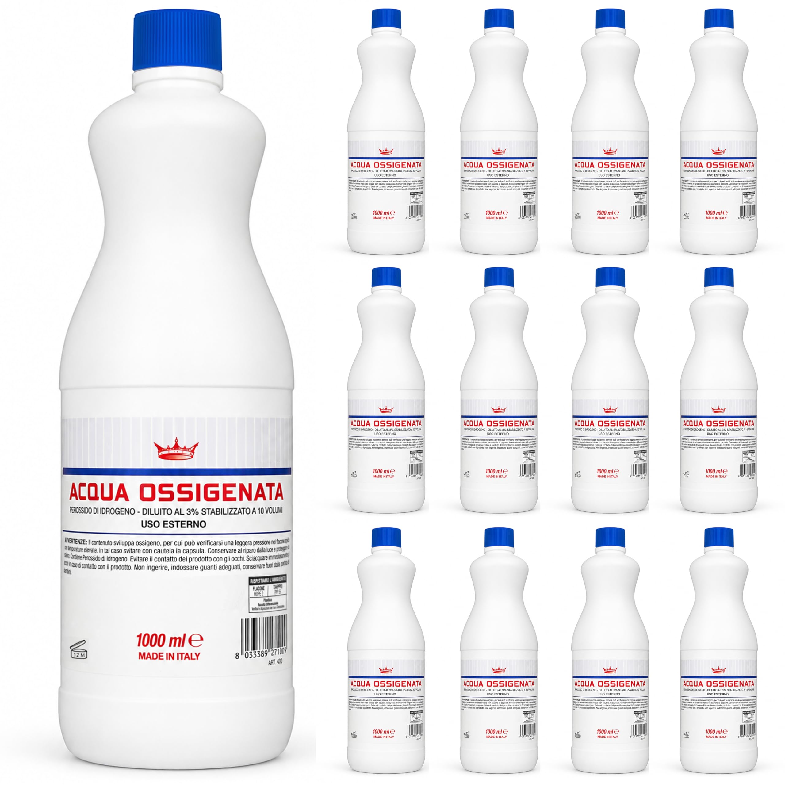 Acqua Ossigenata disinfettante 3% 10 Volumi con tappo di sicurezza per bambini (12 flaconi da 1 litro) Made in Italy