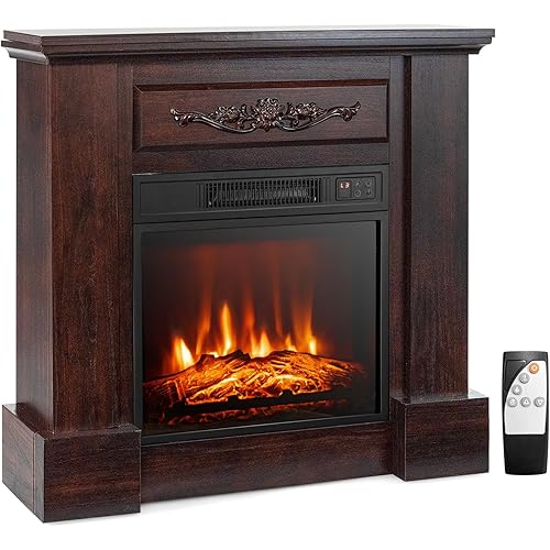 Tangkula 1400W 32 Inches Electric Fireplace with Mantel, Freestanding Fireplace Heater with 3D Flame Effect, Remote Control, Thermostat, 6H Timer, Overheat Protection (Brown)