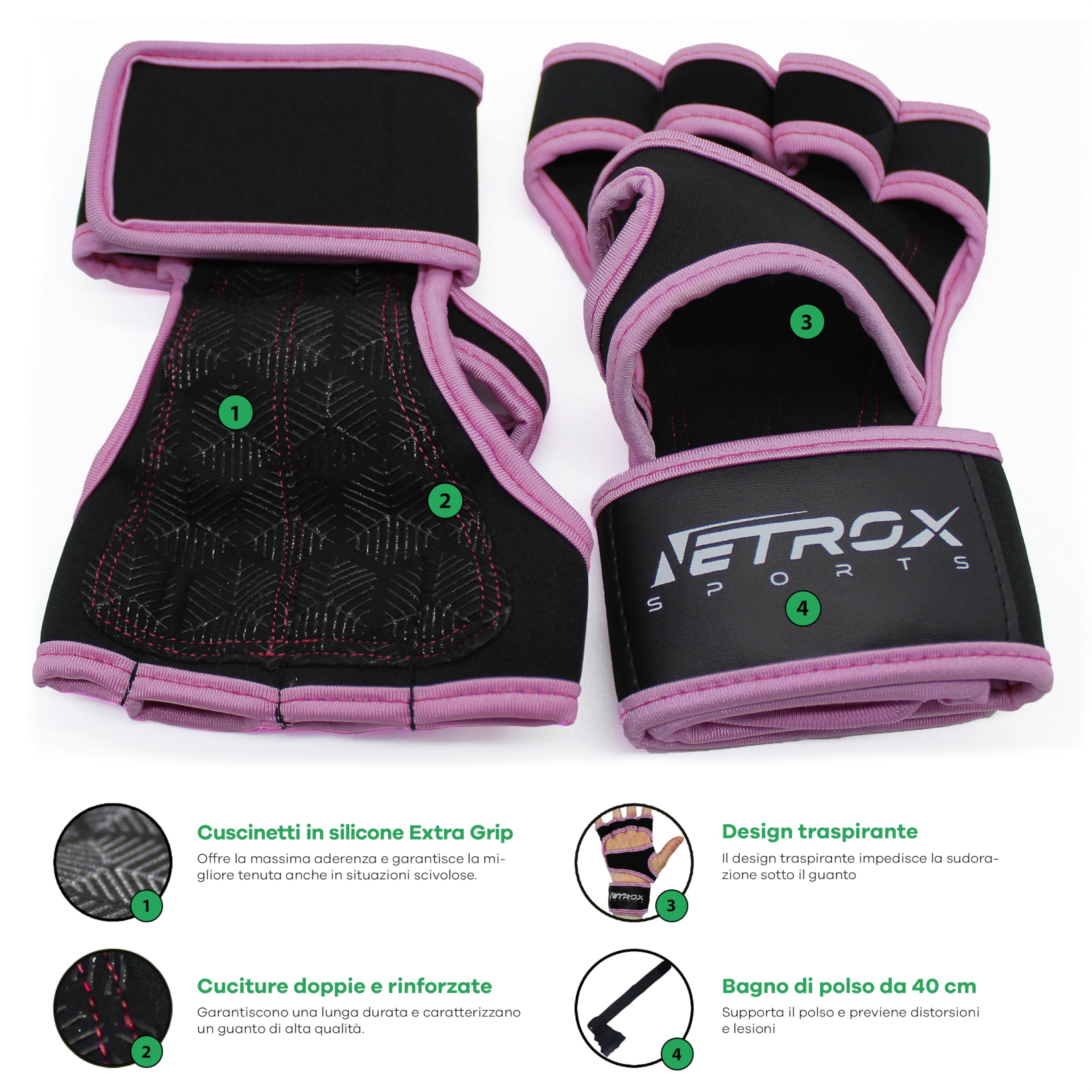 NetroxSports - Guanti Palestra Uomo e Donna - 40cm Polsini Palestra - antiscivolo e traspirante - Fitness, Calisthenics, Bodybuilding, Ciclismo, Gym Gloves, Accessori Sollevamento Pesi, Sportivi