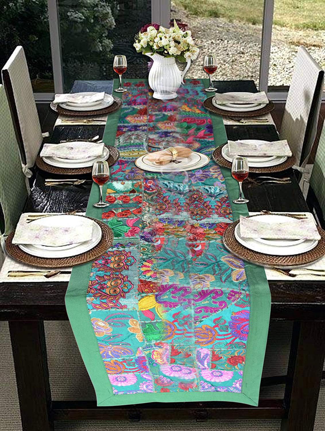Camino de mesa de retazos indios, mantel rectangular de algodón, manteles bordados, camino de mesa de comedor, decoración de mesa central