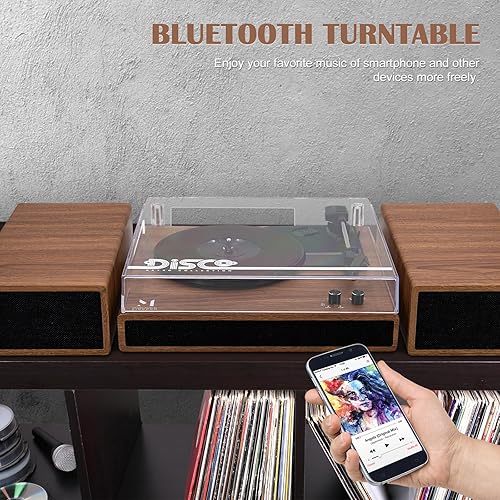 Miniatura 8 de MPK - Tocadiscos Bluetooth, sistema de alta fidelidad con altavoces de estantería, tocadiscos de vinilo de 3 velocidades con transmisión por correa