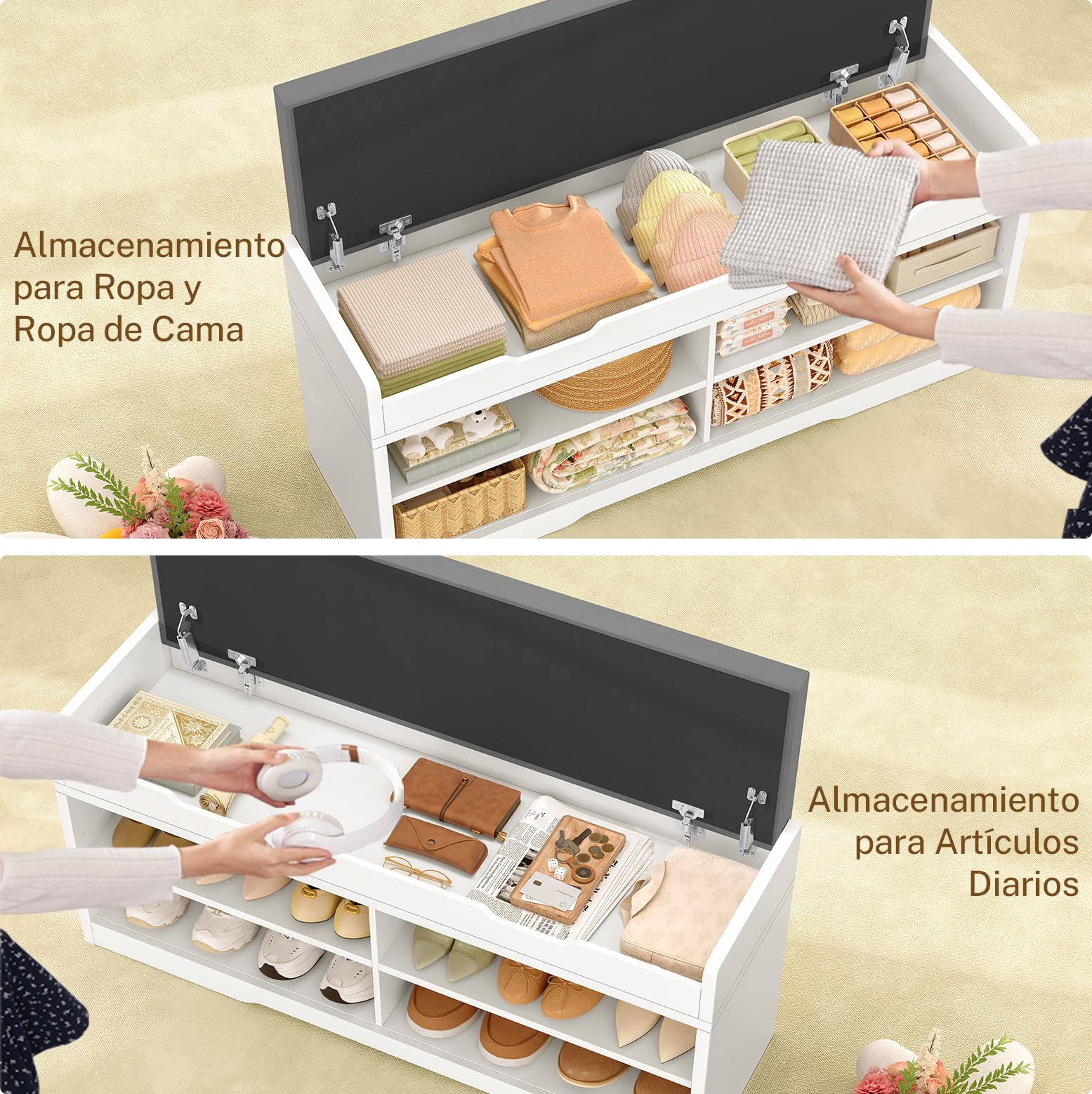 TEENFON 120 cm (B) Banco Zapatero con Asiento, Banco Recibidor, Zapatero con Almacenamiento y Asiento Acolchado, Estantes Regulables y Compartimento Oculto, Soporta 136 kg, Blanco, 120×35×50 cm