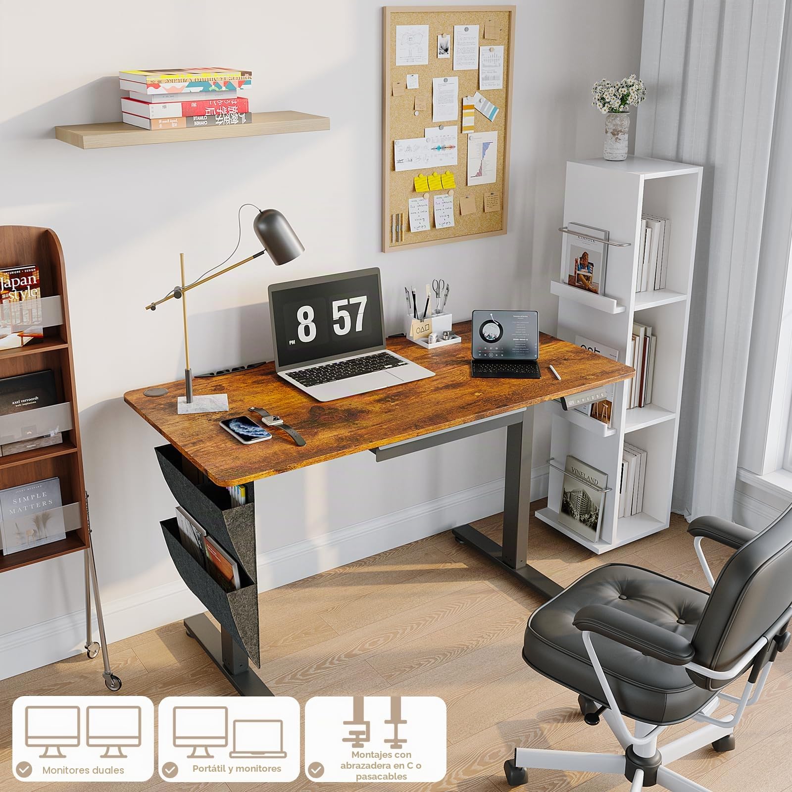Escritorio Eléctrico Regulable en Altura, 120 x 60 cm Mesa de Trabajo Sentado/De Pie con Cajones & Función Memoria 3 Alturas, Escritorio de Computadora Ajustable para Oficina en Casa, Marrón