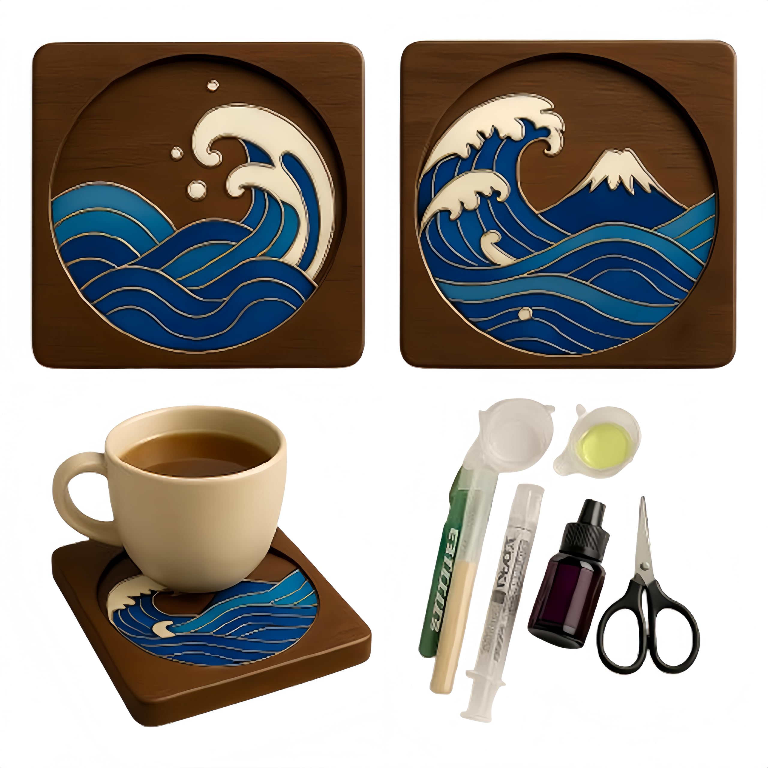 Cloisonne Enamel Art DIY Craft Kit, Filigree Enamel Art Project Great Wave Coaster Making Set, Handmade Home Decor DIY Kit, Stress Relief Creative Gift for Mother’s Day