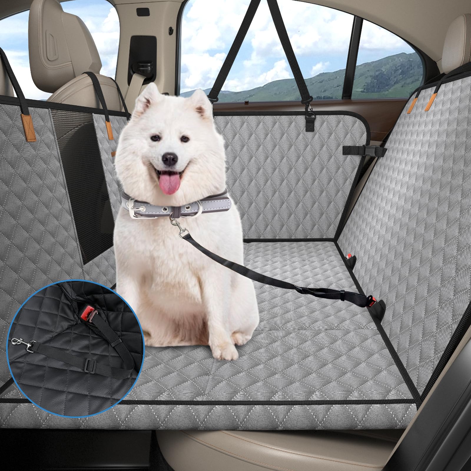 Protector Coche Perros Asiento Trasero, Impermeable, Resistente a Los Arañazos, Asiento Trasero para Perro, con 8 Paneles de Madera Dura, para la Mayoría de Coches, Gris