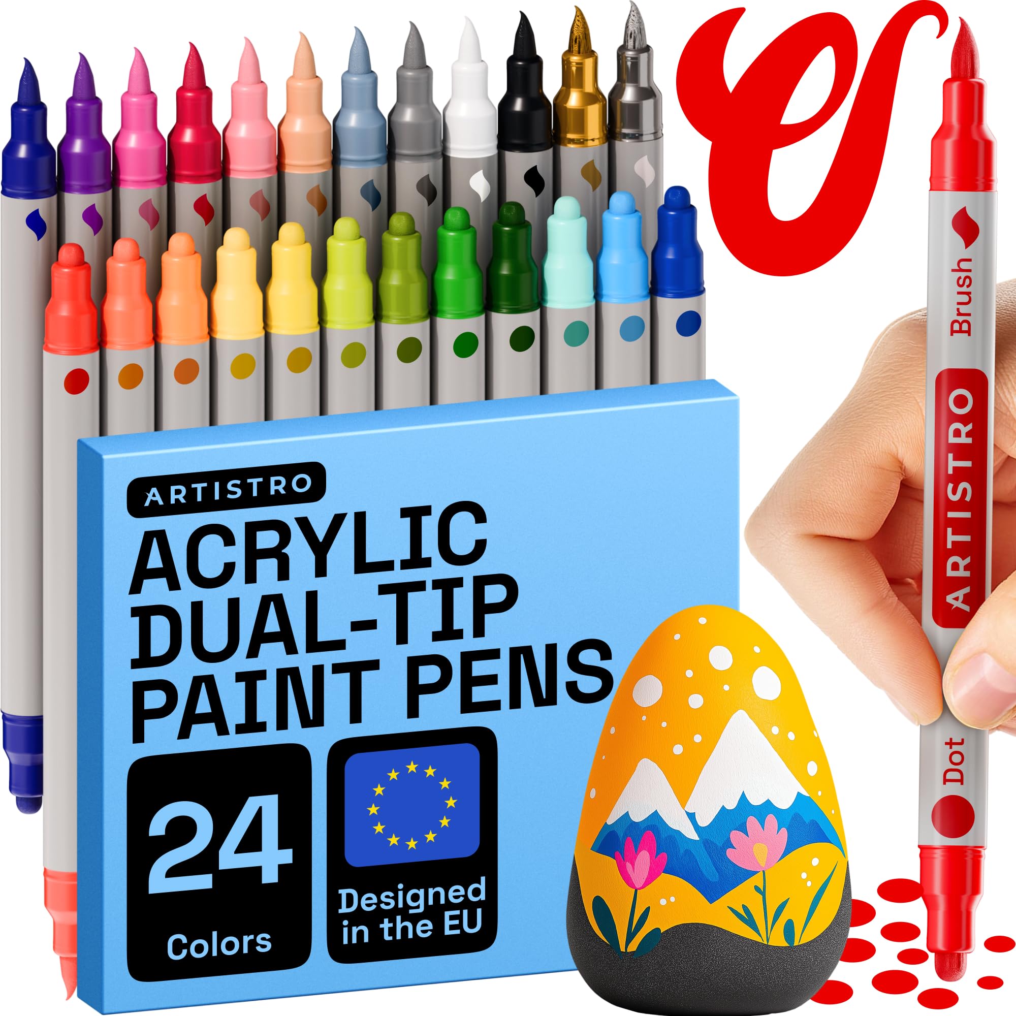 ARTISTRO Acrylic Paint Pens, Dual Tip Markers for Fabric, Canvas, Rock, Glass, Wood, Paper, DIY (Dot + Brush, 24 Colours)