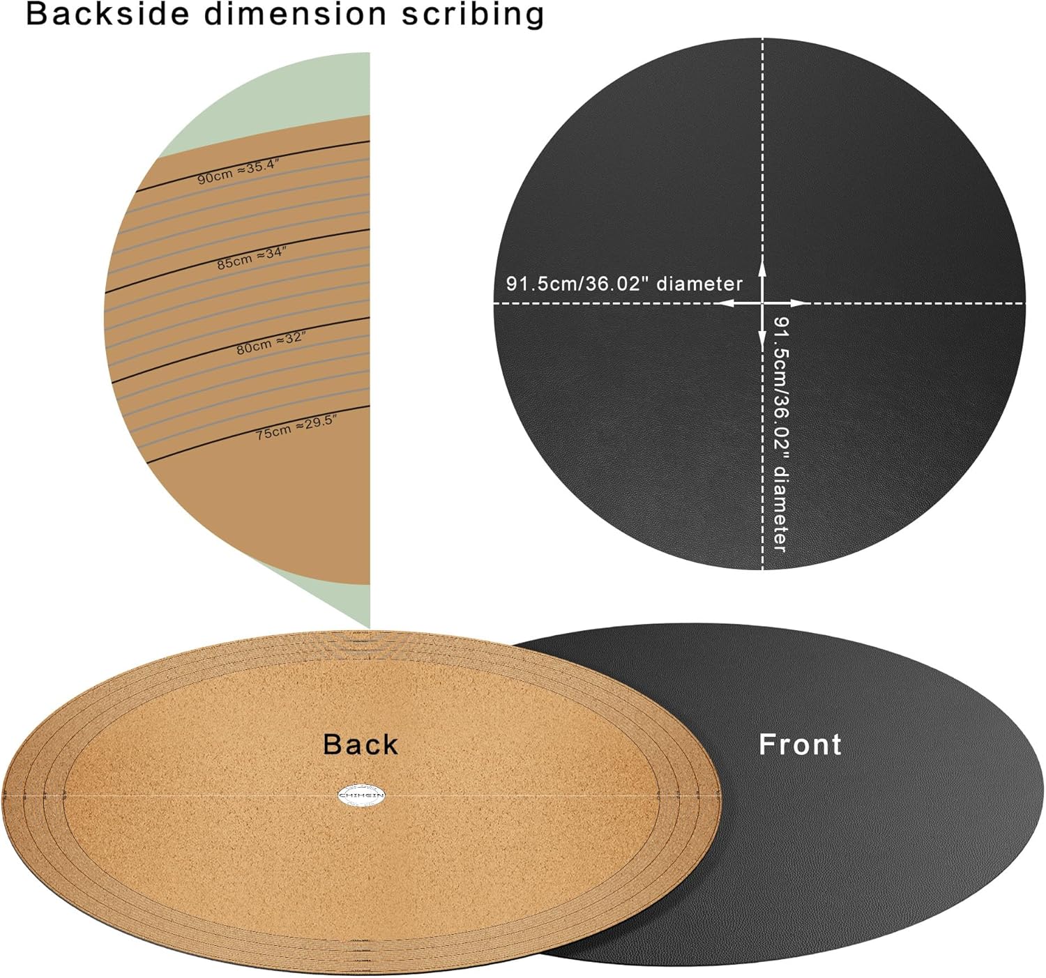 Chihein 36"/915 mm/3ft Round Placemat with Cork & PU Leather - Can be Cut into Half Circle Dining Table Mat or the Round Table Cover with A Diameter of 30" - 36" (Black)