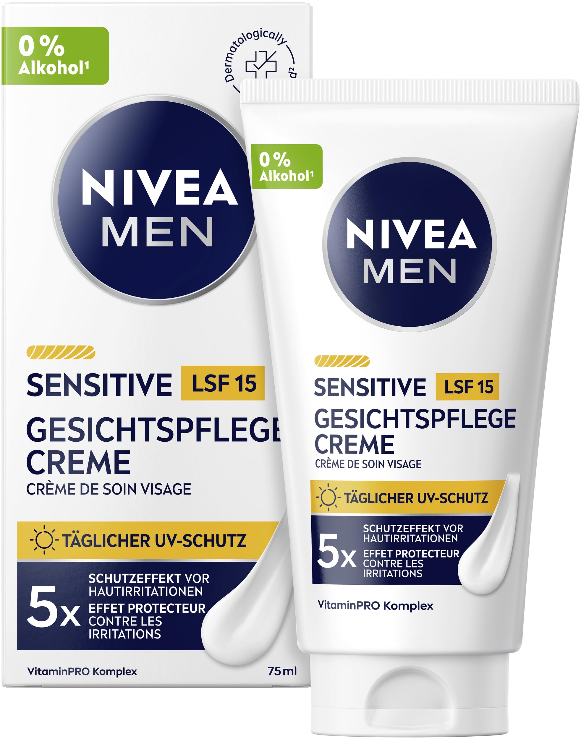 NIVEA MEN Sensitive Gesichtspflege Creme mit LSF 15, 24h Feuchtigkeitscreme für empfindliche Männerhaut, beruhigende Gesichtscreme zur Linderung von Hautirritationen (75 ml)