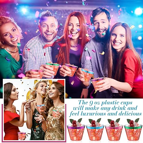 Miniatura 7 de Zhehao 100 vasos de plástico con borde de Navidad de 9 onzas, vasos de vino desechables transparentes, vasos de cóctel resistentes para bodas,