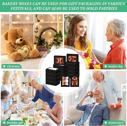 Miniatura 7 de TaoBary 100 cajas de galletas de 8 pulgadas, cajas de panadería de 8 x 6 x 2.5 pulgadas, caja de papel desplegable automática con 2 ventanas de