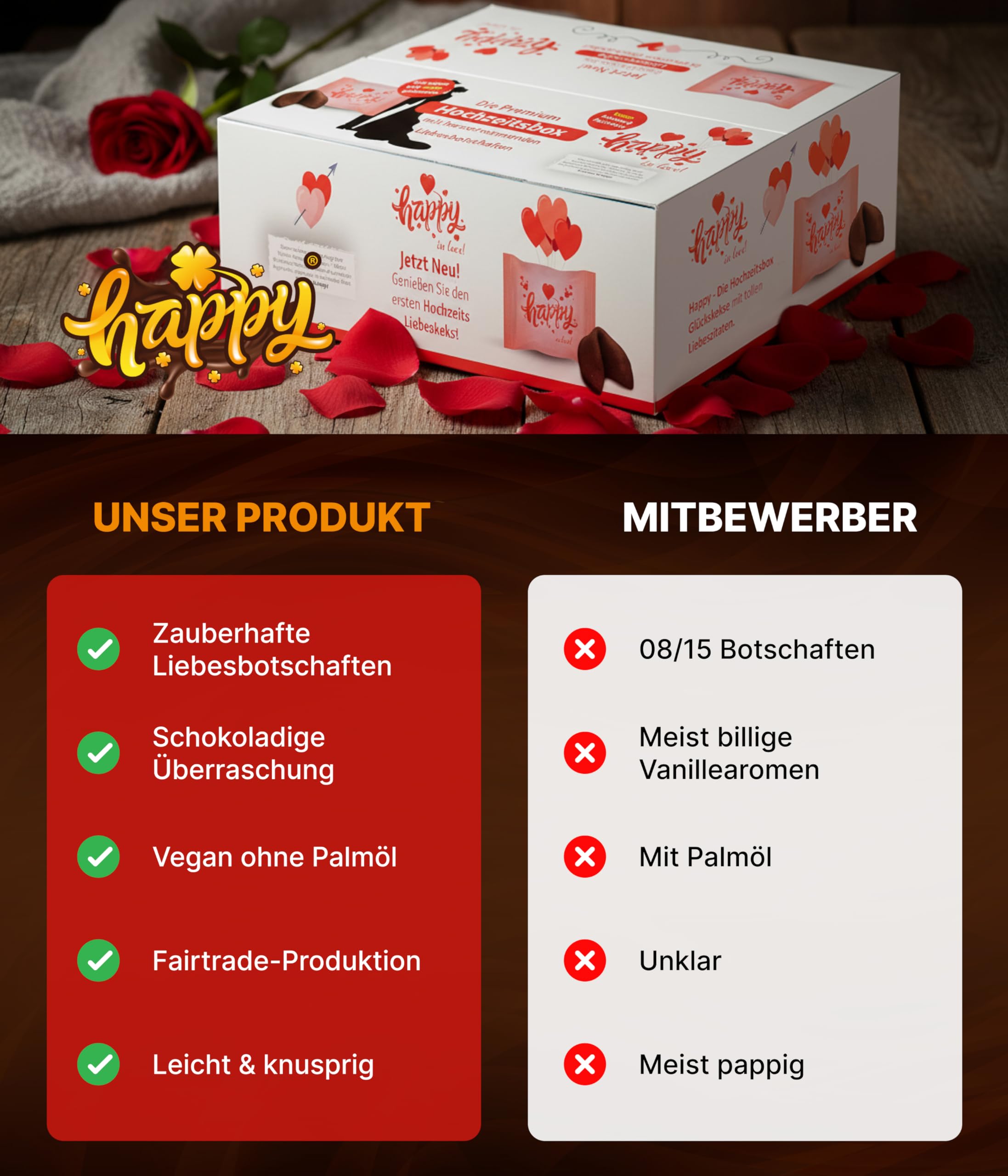 HappyKeks Hochzeitsbox | 100 vegane Schoko-Glückskekse aus Fairtrade-Schokolade | Glückskekse Hochzeit | ideale Gastgeschenke & Hochzeit Deko | Wedding Edition