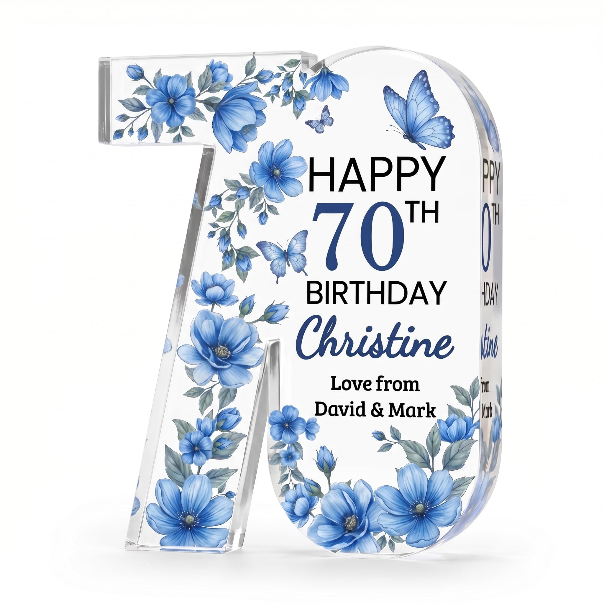 Personalised 70th Birthday Plaque for Her, Acrylic Keepsake Gift, Birthday Card Alternative (Blue Floral)